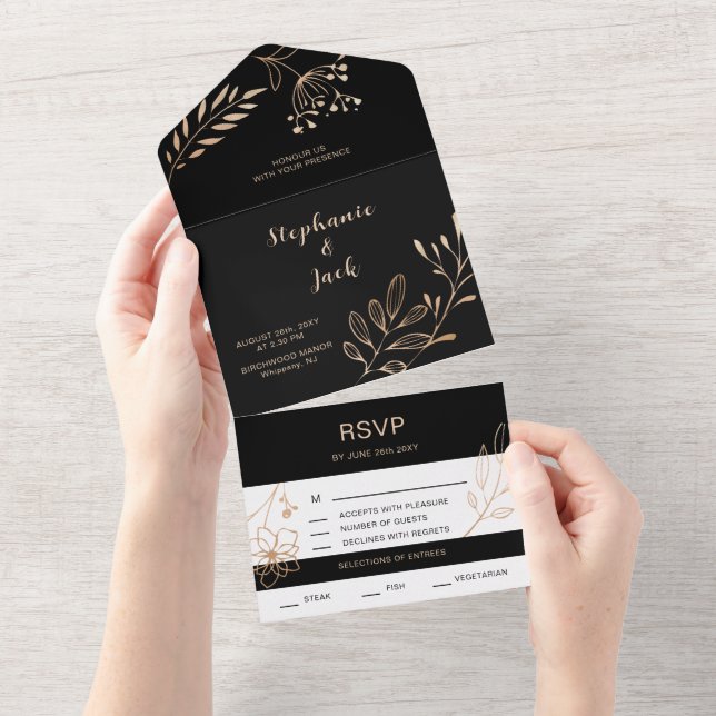 Invitación Todo En Uno Leaf negro y oro - Boda (desgarro)