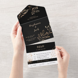 Invitación Todo En Uno Leaf negro y oro - Boda