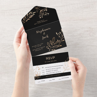 Invitación Todo En Uno Leaf negro y oro - Boda