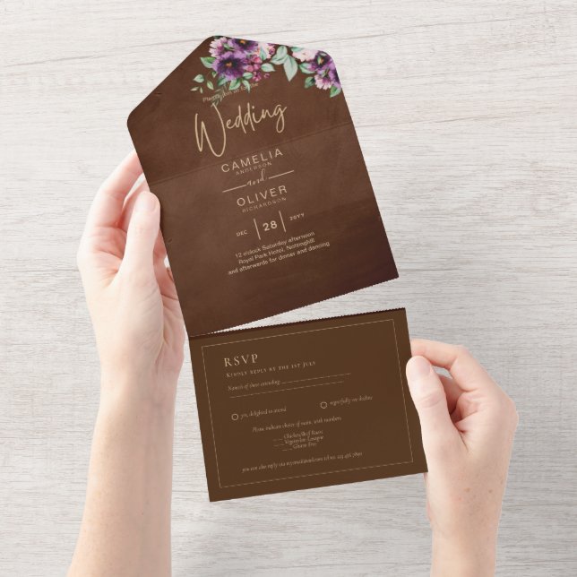Invitación Todo En Uno LeahG Brown Berry Ciruela Morado Boda Otoño Invier (desgarro)