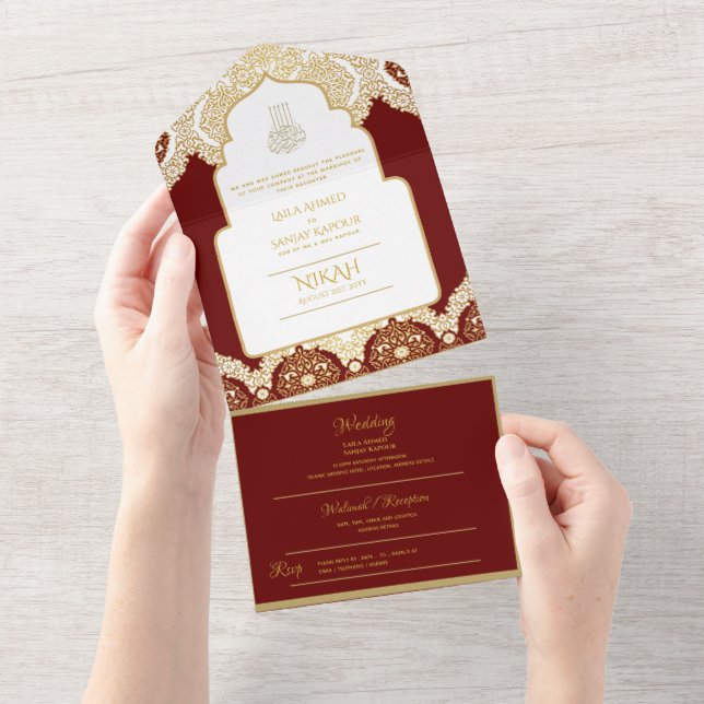 Invitación Todo En Uno LeahG Burgundy Gold Boda musulmana islámica Nikah (desgarro)