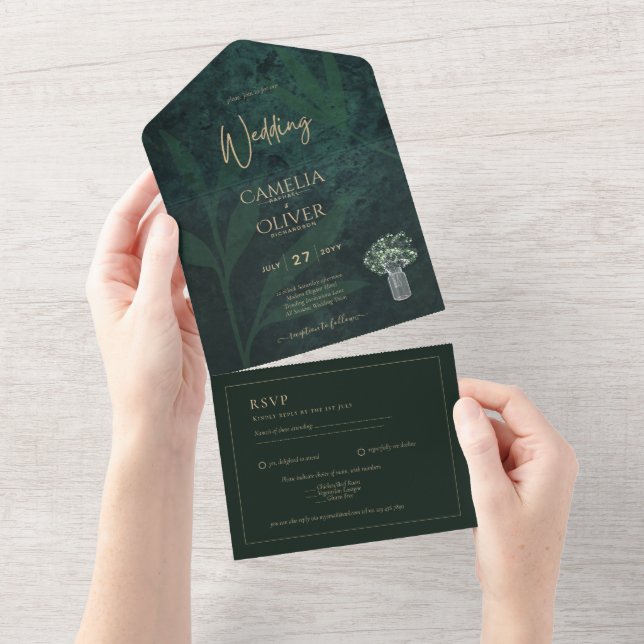 Invitación Todo En Uno LeahG Emerald Forest Green Wedding INVITE (desgarro)
