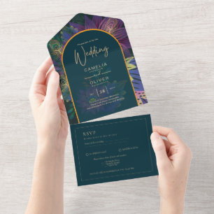 Invitación Todo En Uno LeahG Green Purple Gold JEWEL TONES Wedding INVITE