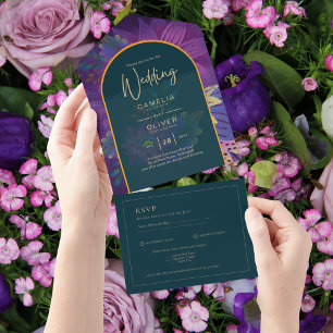 Invitación Todo En Uno LeahG Green Purple Gold JEWEL TONES Wedding INVITE