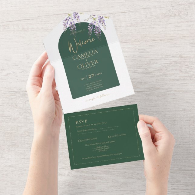 Invitación Todo En Uno LeahG Green Purple Gold WISTERIA Wedding INVITE (desgarro)