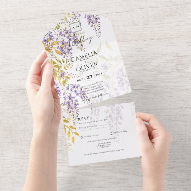 Invitación Todo En Uno LeahG Purple Gold WISTERIA Floral Wedding INVITE (desgarro)