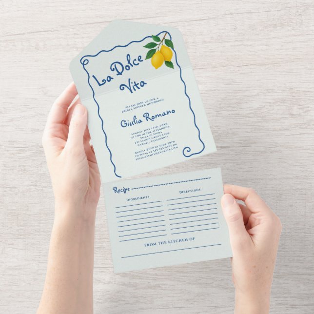 Invitación Todo En Uno Lemon Blue Whimy Frame La Dolce Vita Bridal Shower (desgarro)
