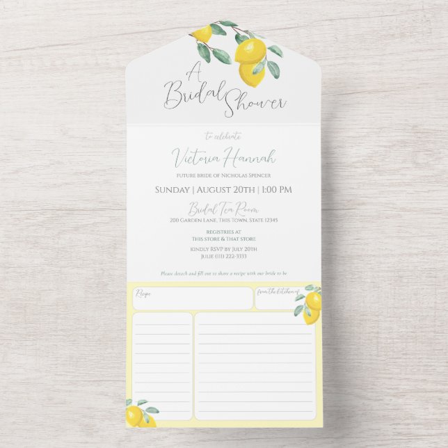 Invitación Todo En Uno Lemon Bridal Shower con receta (Interior)
