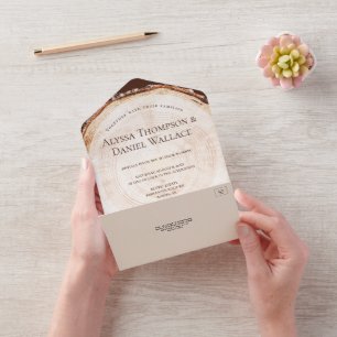Invitación Todo En Uno Leña Boda rústica Anillos de corteza de árbol Únic