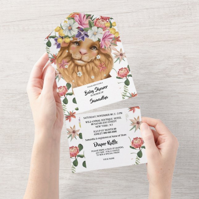 Invitación Todo En Uno León de la selva acuarela bebé chicas de ducha niñ (desgarro)
