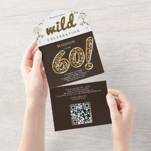Invitación Todo En Uno Leopard Relieve metalizado Balón 60 cumpleaños Cód