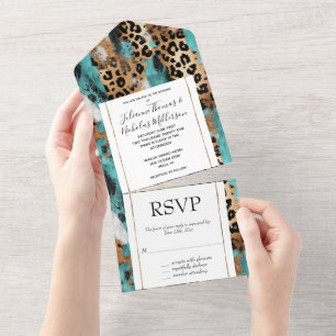 Invitación Todo En Uno Leopardo negro de oro turquesa