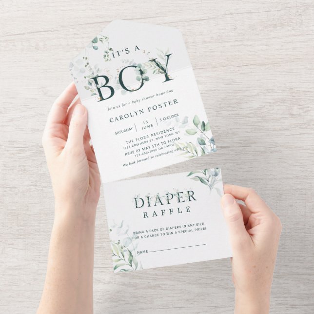Invitación Todo En Uno Letra botánica Baby Shower | Diaper Raffle (desgarro)