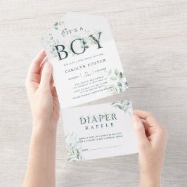 Invitación Todo En Uno Letra botánica Baby Shower | Diaper Raffle
