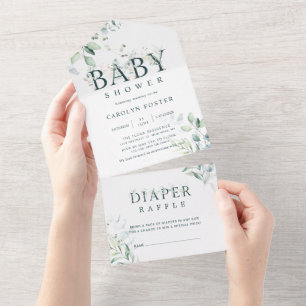 Invitación Todo En Uno Letra botánica Chica Baby Shower   Diaper Raffle