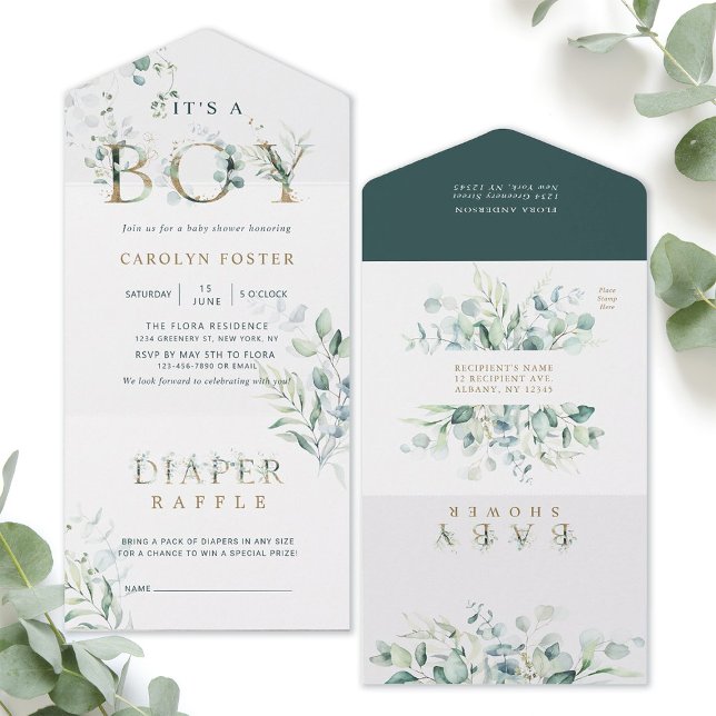 Invitación Todo En Uno Letra botánica dorada Baby Shower | Diaper Raffle (Inside & Outside)