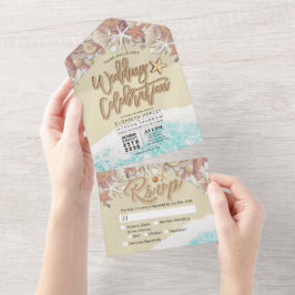 Invitación Todo En Uno Letra de arena Starfish Seashell Summer Beach Wedd