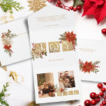 Invitación Todo En Uno Letras de bloques de joyas con iluminación dorada<br><div class="desc">Elegante saludo "Alegría" con letras medievales doradas adornadas con cúmulos de poinsettias coloreadas rojas y blancas,  verduras y hongos con resaltes dorados. Incluye plantillas de fotos y campos de texto editables.</div>