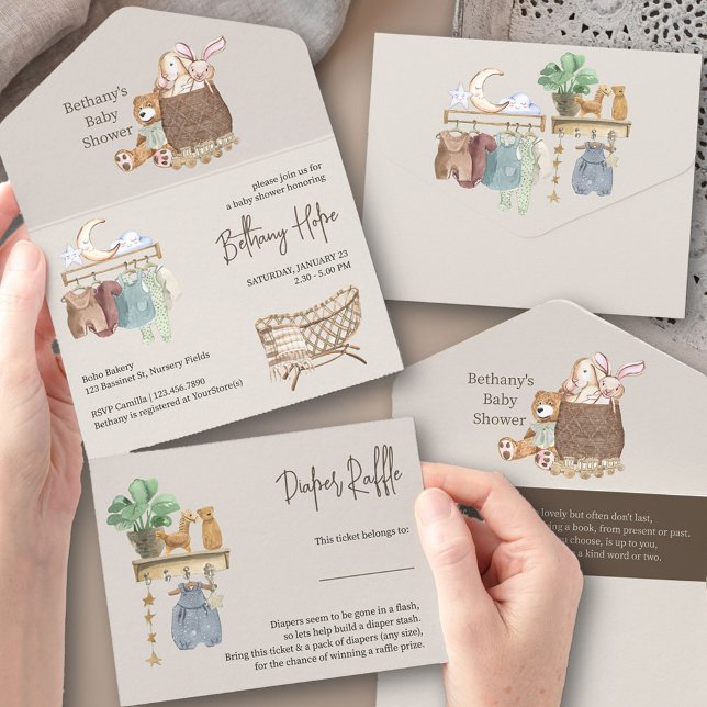 Invitación Todo En Uno Libro de Baby Shower de Boho Nursery y pañales (Trifold Baby Shower Invitation. All-in-One design with book request + tear-off Diaper Raffle Ticket)