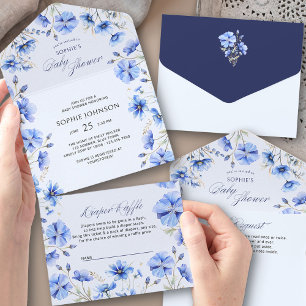 Invitación Todo En Uno Libro de Flor Azul Solicitud de Pañales Rifa para