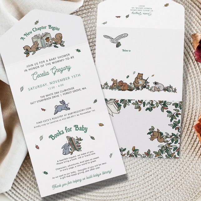 Invitación Todo En Uno Libros de animales de Woodland para Baby Shower (Woodland Animals Book Theme Baby Shower Invitation with Tear Off Book Request Card)