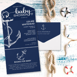 Invitación Todo En Uno Libros de Baby Shower de ancla náutica para la mar