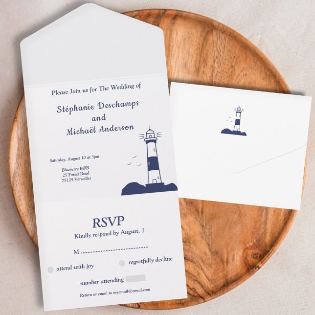 Invitación Todo En Uno Lighthouse Wedding RSVP (Lighthouse Wedding RSVP All In One Invitation)