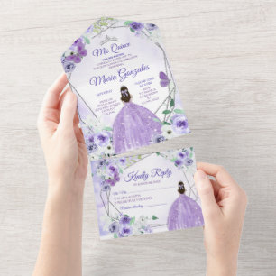 Invitación Todo En Uno Lila Floral Princesa Quinceañera