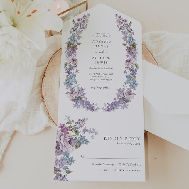 Invitación Todo en Uno Lila Rústico (Rustic Watercolor Lilac All In One Invitation by Painted Paperie
)