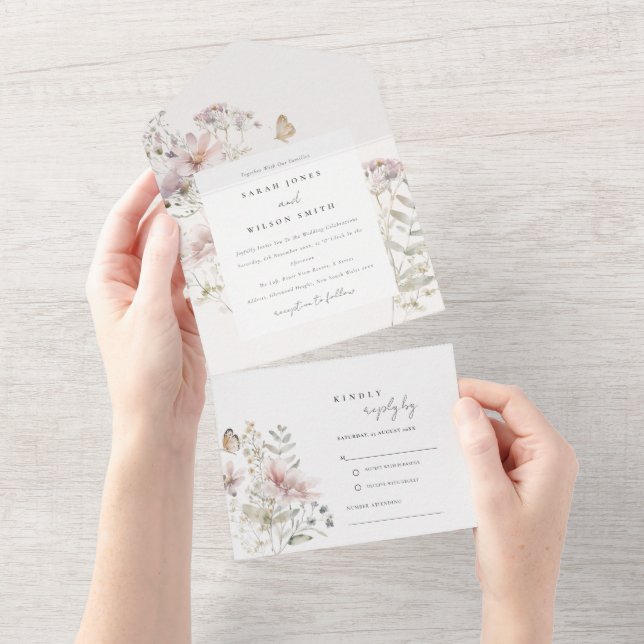 Invitación Todo En Uno Lilac Boho Wildflower Fern Boda Botánico (desgarro)