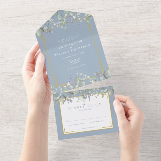 Invitación Todo En Uno Lilac Foliage Boda del Monograma Azul Polvo (desgarro)