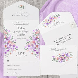 Invitación Todo En Uno Lilac y Peach Rose Bouquet Boda