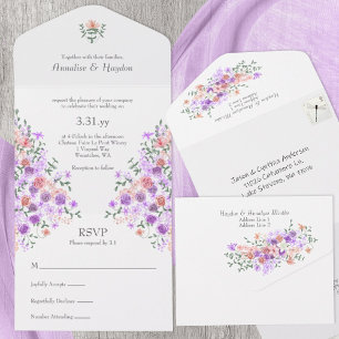Invitación Todo En Uno Lilac y Peach Rose Bouquet Boda