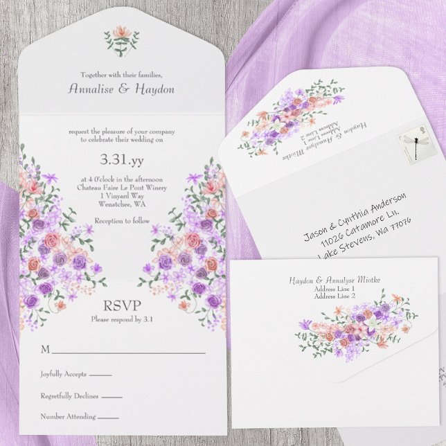 Invitación Todo En Uno Lilac y Peach Rose Bouquet Boda (lilac & peach all-in-one floral wedding invitations, rose vines springtime summer, purple, lavender)