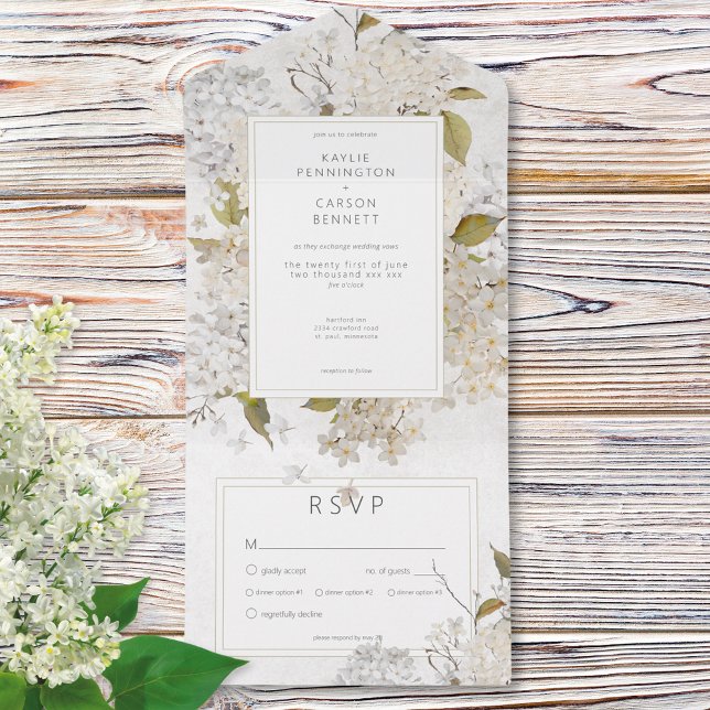 Invitación Todo En Uno Lilacras roánticas blancas en la cena blanca (Rustic Romantic White Lilacs on White Dinner All In One Invitation)