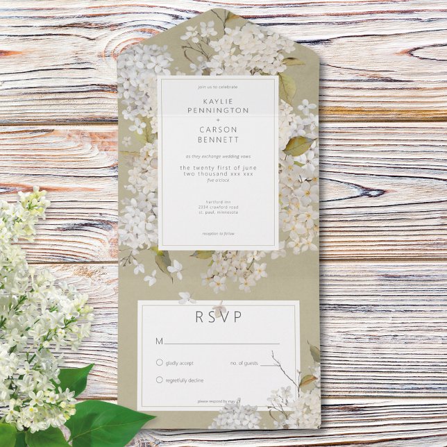 Invitación Todo En Uno Lilacras rusticas románticas blancas en sabio sin  (Rustic Romantic White Lilacs on Sage No Dinner All In One Invitation)