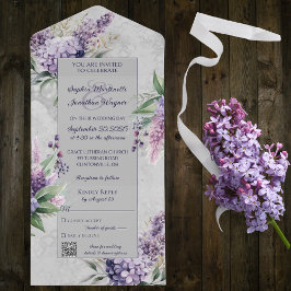 Invitación Todo En Uno Lilacs púrpura con Heather en gris con código QR