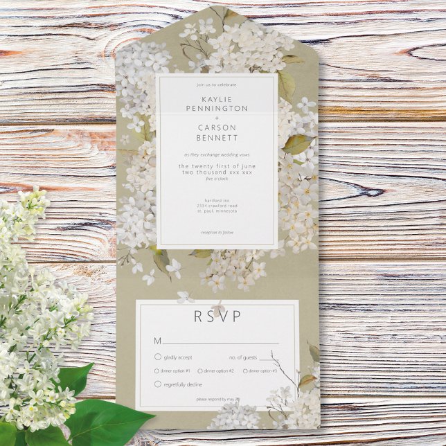 Invitación Todo En Uno Lilacs roánticos blancos en la cena sabia (Rustic Romantic White Lilacs on Sage Dinner All In One Invitation)