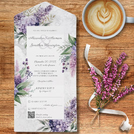 Invitación Todo En Uno Lilacs sobre blanco desmareado con código QR