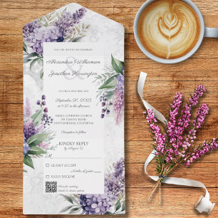 Invitación Todo En Uno Lilacs sobre blanco desmareado con código QR