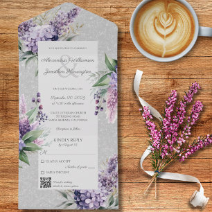 Invitación Todo En Uno Lilacs y Heather en gris con el código QR