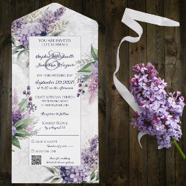 Invitación Todo En Uno Lilacs y Heather sobre el blanco con código QR