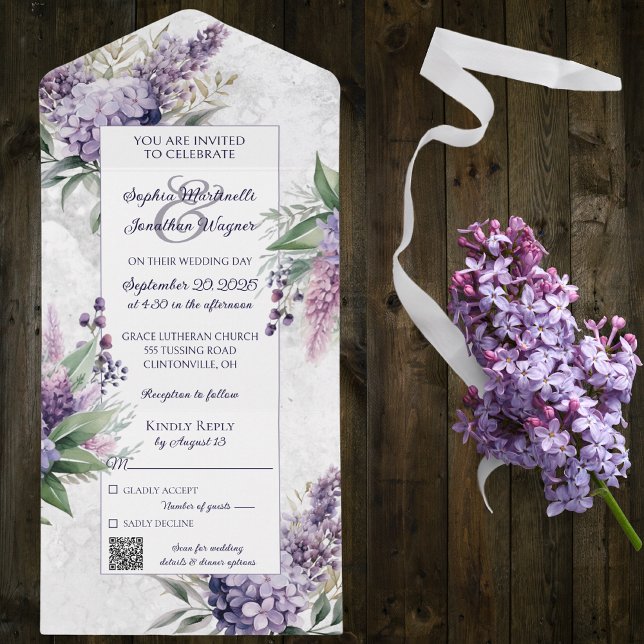 Invitación Todo En Uno Lilacs y Heather sobre el blanco con código QR (Subido por el creador)