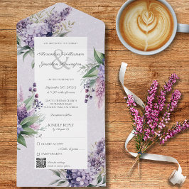 Invitación Todo En Uno Lilacs y Heather sobre Lavanda con código QR