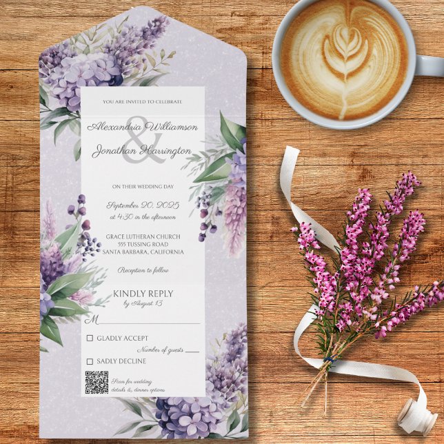 Invitación Todo En Uno Lilacs y Heather sobre Lavanda con código QR (Subido por el creador)