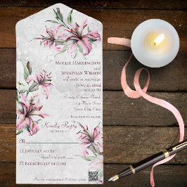 Invitación Todo En Uno Lilies rosas en blanco angustiado con código QR