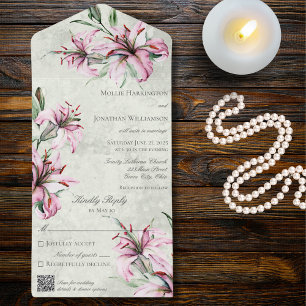 Invitación Todo En Uno Lilies rosas sobre el código QR verde de sabio ang