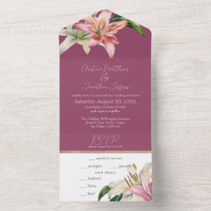 Invitación Todo En Uno Lilios rosados y blancos románticos sobre fondo fu