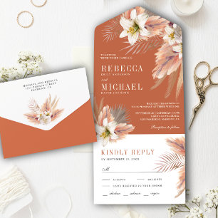 Invitación Todo En Uno Lily Blanca Floral Terroso Pampas Terracota Boda