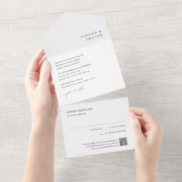 Invitación Todo En Uno Limpio Código QR Blanco y Negro Moderno Boda